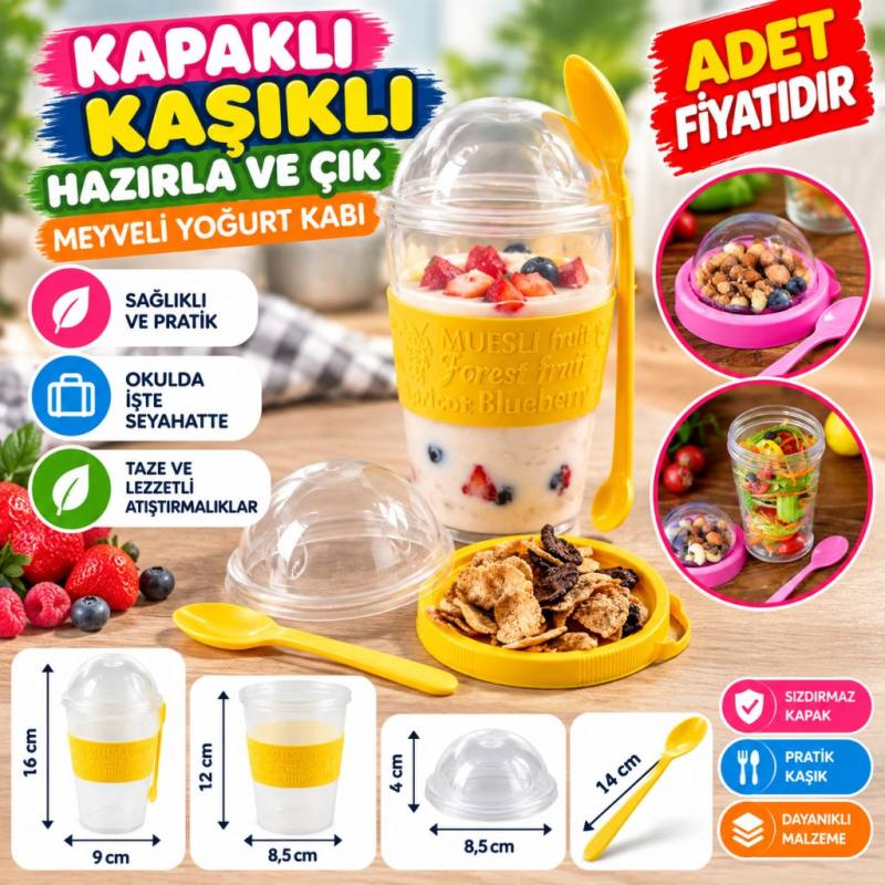 Taken Go Kapaklı Kaşıklı Pratik Taşınabilir Meyveli Yoğurt Kabı