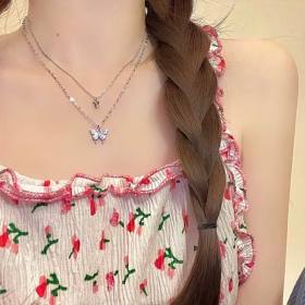 Çift Katlı Kelebek Tasarım Çelik Kolye | Kararmaz Gümüş Kaplama Toptan Kadın Kolye Modeli