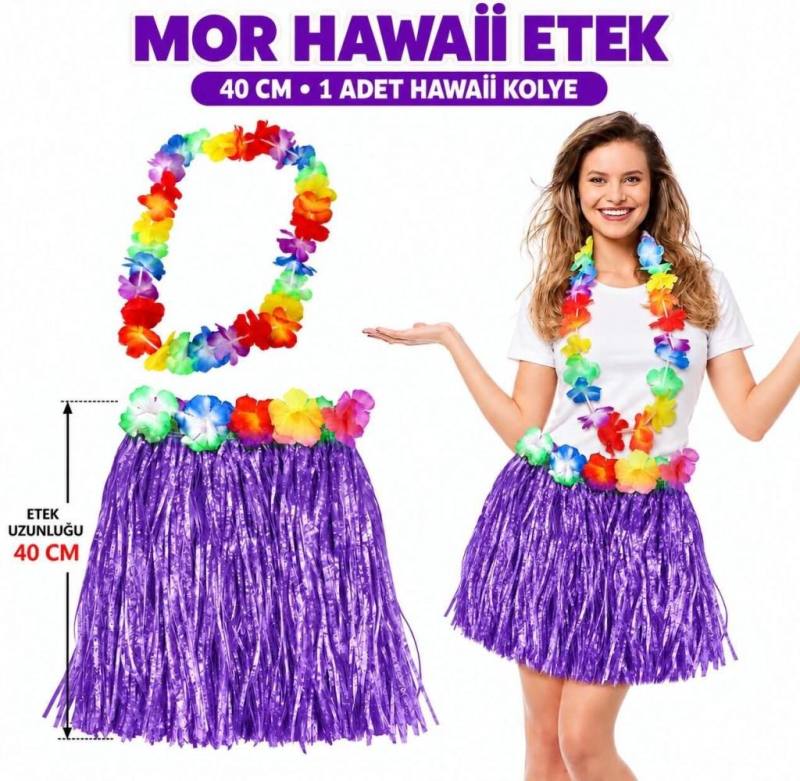 Luau Aloha Mor Hawaii Etek 40 cm ve 4’lü Hawaii Seti