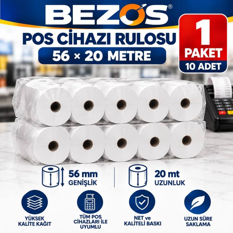 Termal POS Cihazı Rulosu 56 mm x 20 m - 10 Adet (1 Paket) Yazar Kasa Slip Rulosu