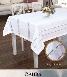160x260 cm Sahra Model Beyaz Polyester Ajurlu Keten Dantelli Yemek Masası Örtüsü