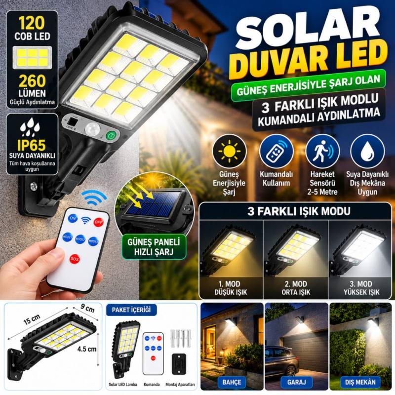 3 Farklı Işık Modlu Güneş Enerjisiyle Şarj Olan Dış Mekan Uyumlu Kumandalı Solar Duvar LEDİ