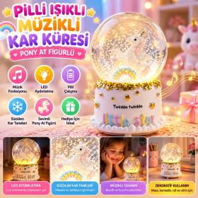 Pilli Işıklı Müzikli Kar Küresi–Pony At Figürlü Eğlenceli Masaüstü Biblo, LED Aydınlatmalı Dekoratif Hediyelik Kar Küresi