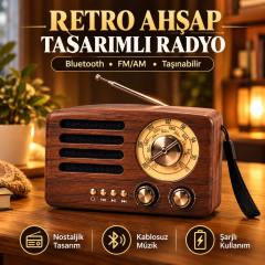 Küçük Boy Retro, Nostaljik, Ahşap Tasarım Bluetooth Hoparlörlü, Şarjlı, Taşınabilir Büyük Döndürülebilen Düğmeli FM/AM Destekli Radyo NS3380