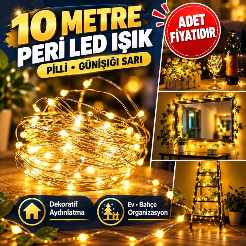 Peri Led Işık 10 Metre (Sarı) Pilli Aydınlatma Şerit Led Saçak Spot Süsleme