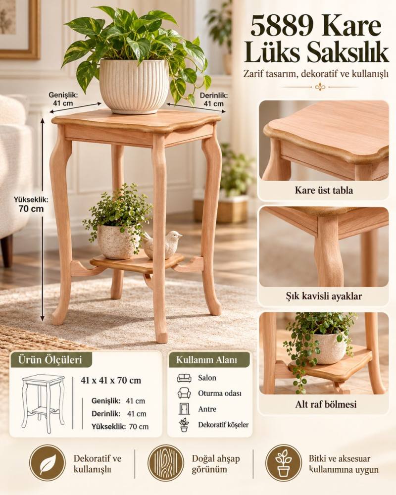 Nexora Living 5889 Kare Lüks Saksılık 41x41x70 cm – Dekoratif Ahşap Görünümlü Çiçeklik, Raflı Saksı Standı, Klasik Yan Sehpa