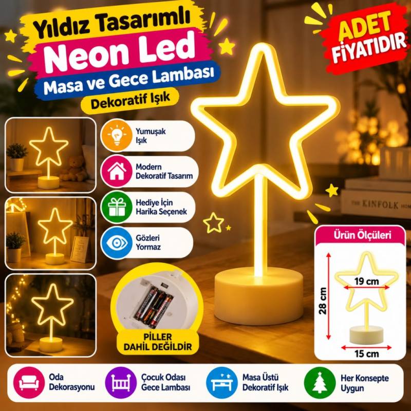 Yıldız Tasarımlı Neon Led Masa Ve Gece Lambası Dekoratif Işık (adet fiyatıdır)