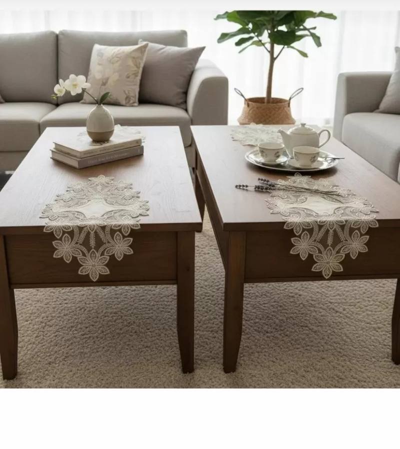 Selena Model Krem Çeyizlik 5 Parça Dantelli Keten Runner Masa Örtüsü Seti
