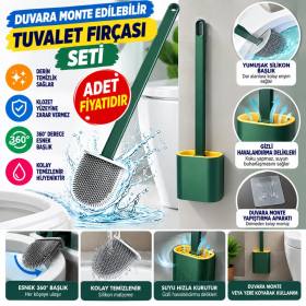 Duvara Monte Edilebilir Kapaklı Askılı Klozet Yumuşak Silikon Başlıklı Tuvalet Fırçası Seti