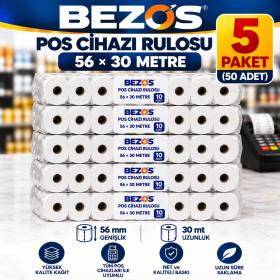 Termal POS Cihazı Rulosu 56 mm x 30 m - 50 Adet (5 Paket) Yazar Kasa Slip Rulosu