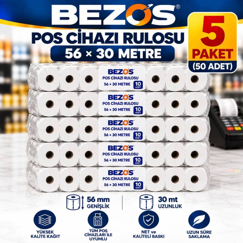 Termal POS Cihazı Rulosu 56 mm x 30 m - 50 Adet (5 Paket) Yazar Kasa Slip Rulosu
