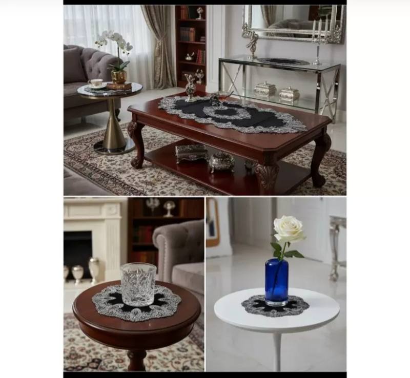 5 Parça Siyah Elora Model Velvet Kadife Dantelli Salon Takımı Masa Örtüsü Runner Seti