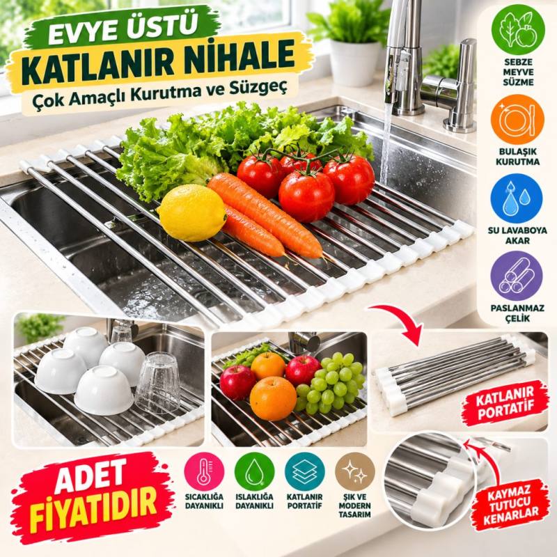 Evye Üstü Katlanır Nihale Paslanmaz Çelik Pratik Sebze Meyve Bulaşık Kurutma Süzgeci (adet fiyatıdır)