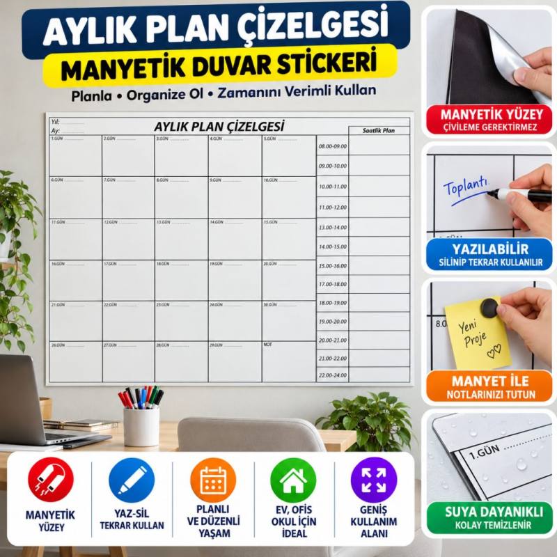 Aylık Planlayıcı Manyetik Duvar Stickerı Takvim Plan Çizelgesi