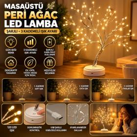 Masaüstü Peri Ağaç LED Lamba – Gün Işığı Rengi, 3 Kademeli Işık Ayarlı, Şarjlı Dekoratif Ortam Aydınlatması