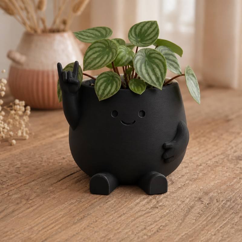 3D Baskı Smiley Face Planter - Gülümseyen Karakterli Saksı-Siyah