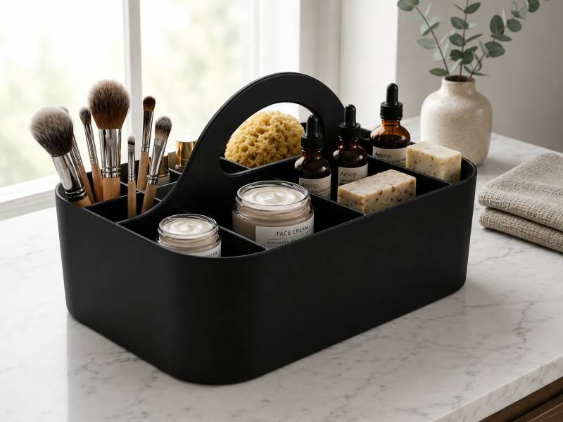 3D Baskı Çok Bölmeli Taşınabilir Banyo ve Makyaj Organizeri - Saplı Masaüstü Düzenleyici-Siyah