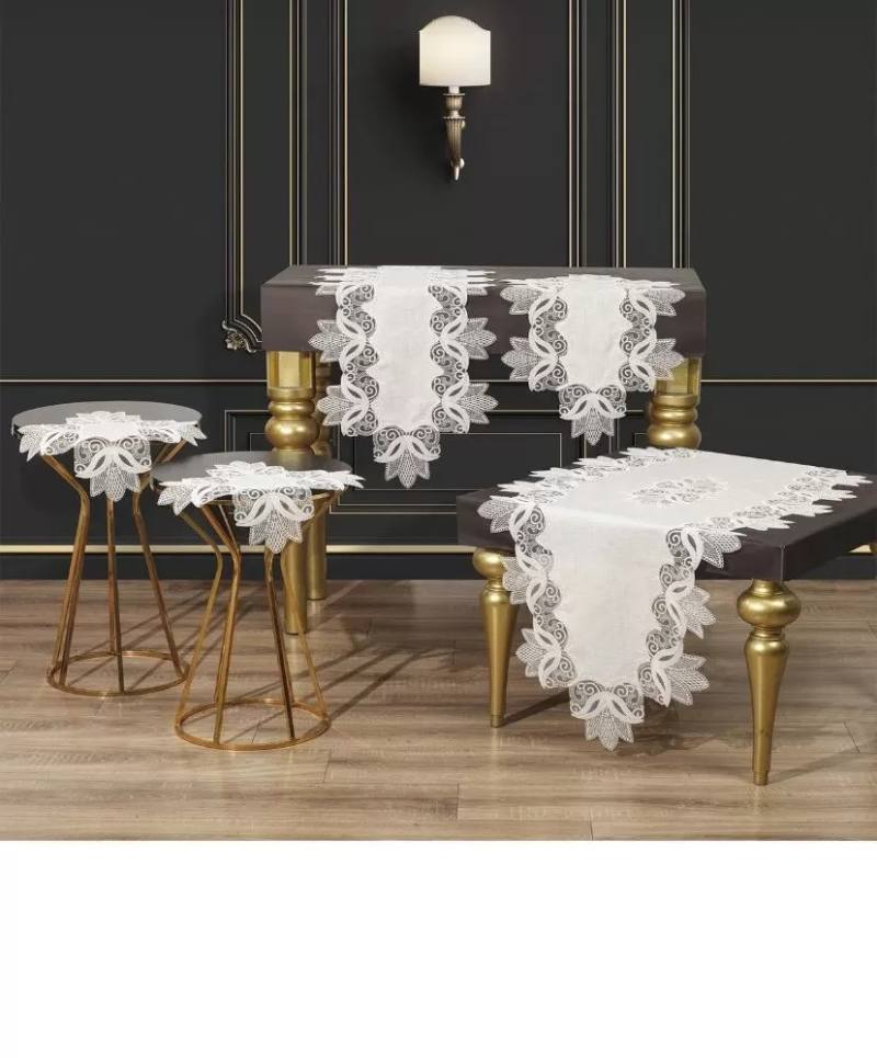 Salon Takımı 5 Parça Keten Masa Örtüsü Runner Seti Çeyizlik Kayla Model No 2323 Krem-Krem