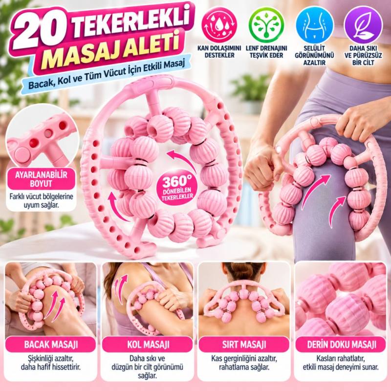 20 Tekerlekli Ayarlanabilir Bacak ve Kol Masaj Aleti – 360° Tam Daire Derin Doku Kas ve Lenfatik Masaj Silindiri