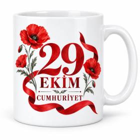 29 Ekim Cumhuriyet Gelincik Çiçekli Porselen Kupa - Kırmızı Beyaz Tasarım - MODEL 260
