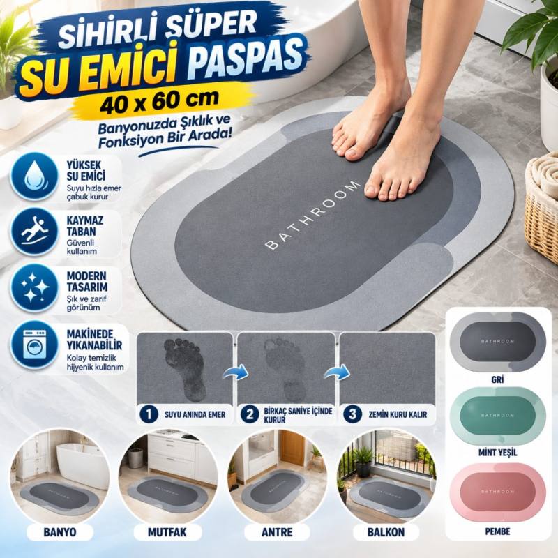 Sihirli Süper Su Emici Kaymaz Tabanlı Oval Paspas 40*60 cm