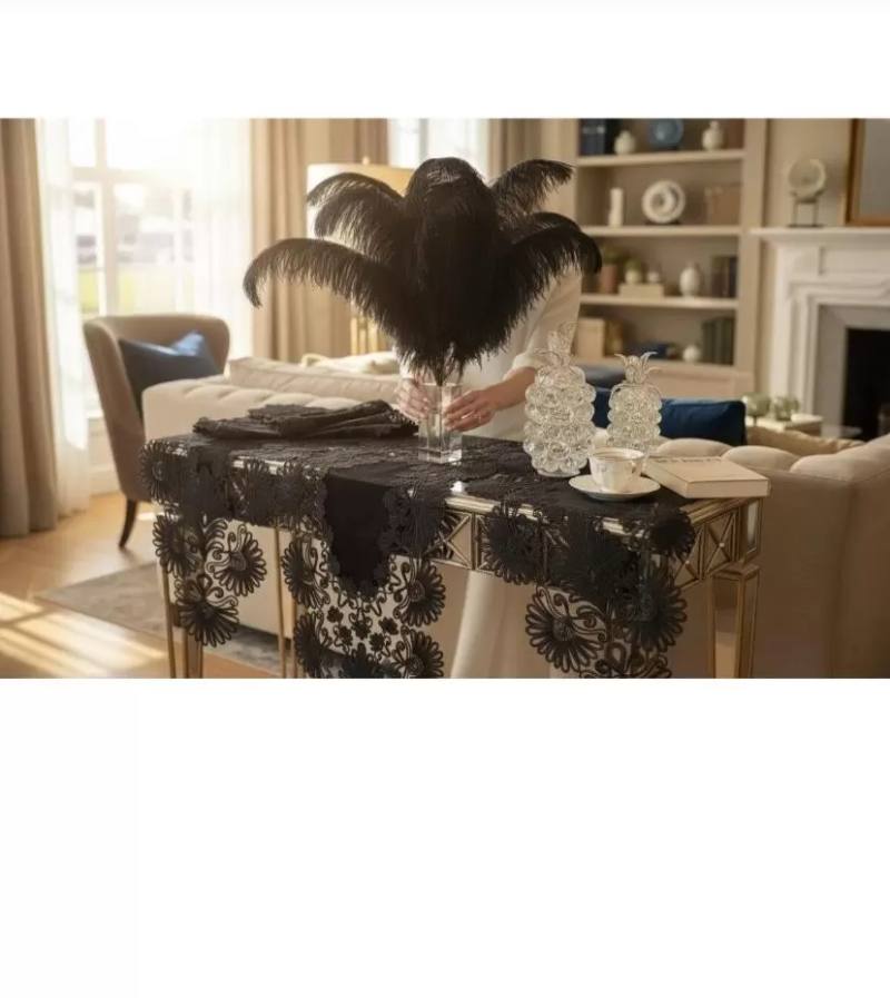 Salon Takımı 5 Parça Keten Masa Örtüsü Yolluk Seti Çeyizlik Palmiye Model No 2656560 Siyah