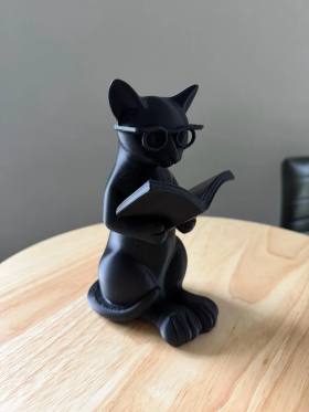 3D Baskı Gözlüklü Kitap Okuyan Kedi Figürü Masaüstü Dekoratif Kedi Heykeli Siyah