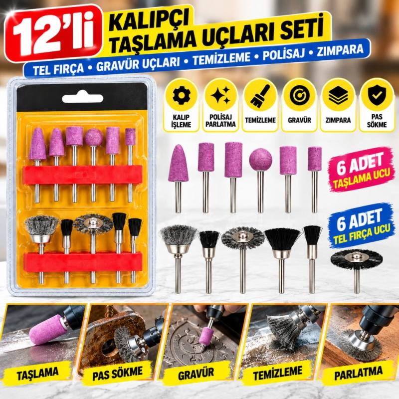12li Kalıpçı Taşlama Uçları Seti Tel Fırça Gravür Uçları Seti