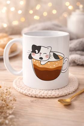 Sevimli Kedi Tasarımlı Porselen Kupa MODEL 195 – Kahve İçinde Kedi Baskılı Porselen Kahve Kupası – Kedi Severler İçin Hediyelik Porselen Kupa Bardak 330 ml