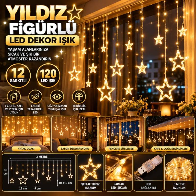 Kumandalı Yıldız Figürlü 12 Sarkıtlı 120 LED Uzaktan Kumandalı Dekor Işık – Masaüstü ve Ortam Aydınlatması