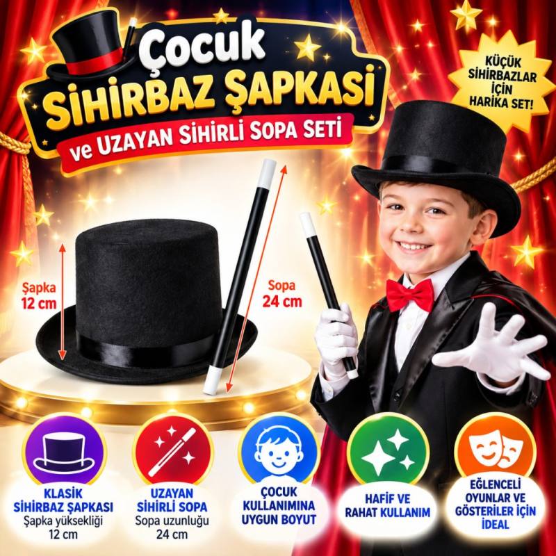 Çocuk Sihirbaz Şapkası ve Uzayan Yaylı Sihirli Sopa Seti