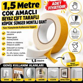 Çok Amaçlı Tüm Yüzeylerde Kullanıma Uygun Beyaz Çift Taraflı Köpük Sünger Montaj Bant(adet fiyatıdır)