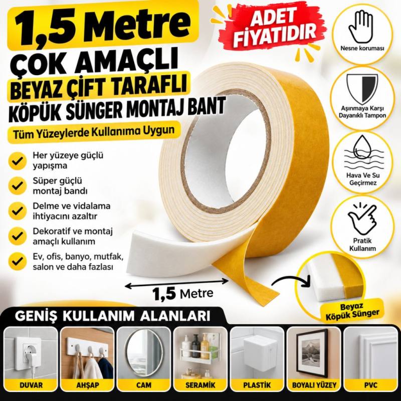 Çok Amaçlı Tüm Yüzeylerde Kullanıma Uygun Beyaz Çift Taraflı Köpük Sünger Montaj Bant(adet fiyatıdır)