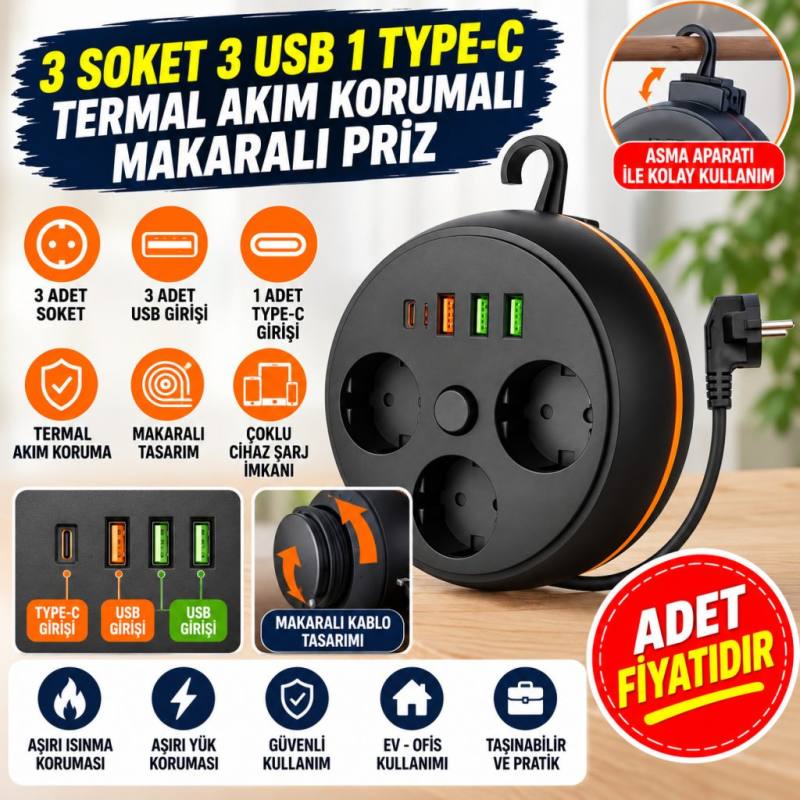 3 Adet Soket,3 Adet USB ve 1 Adet Type-C Girişli Termal Akım Korumalı Makaralı Priz 3395
