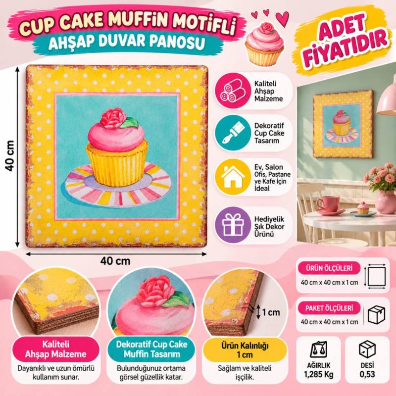 Duvar Panosu 40*40 Cup Cake Muffin Motifli Duvar Süsü (adet fiyatıdır)