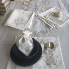 Sofra Takımı Mimoza Gardenya Keten Yemek Takımı 160x260 Masa Seti 26 Parça Runner Set Kreme Gold