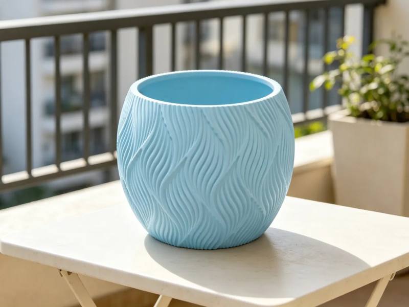 3D Baskı Yapraklı Desenli Yuvarlak Saksı Tepsili Süzdürmeli Bitki Saksısı 15 cm Dekoratif Çiçek - Mavi