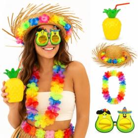 Hawaii Parti Seti Ananas Bardak Hasır Şapka Avokado Gözlük Çiçek Kolye