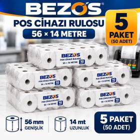 Termal POS Cihazı Rulosu 56 mm x 14 m - 50 Adet (5 Paket) Yazar Kasa Slip Rulosu