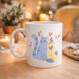 Sevimli Aşık Kediler Desenli Porselen Kupa Model 42 – Love Cats Tasarım Sevgiliye Hediye, Kahve & Çay Kupası