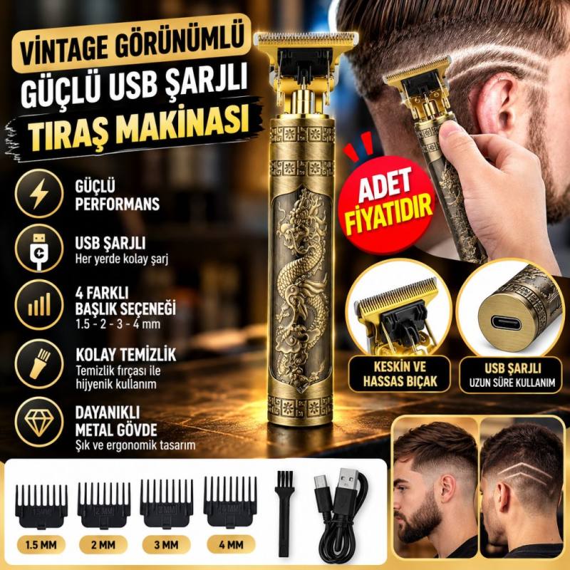 Vintage Görünümlü Güçlü 4 Farklı Başlıklı USB ŞarjlI Manuel Tıraş Makinası (adet fiyatıdır)
