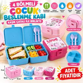Kendiliğinden Kaşık Çatallı Beslenme Kutusu 4 Bölmeli Çocuk Beslenme Kabı Saklama Kutusu (adet fiyatıdır)