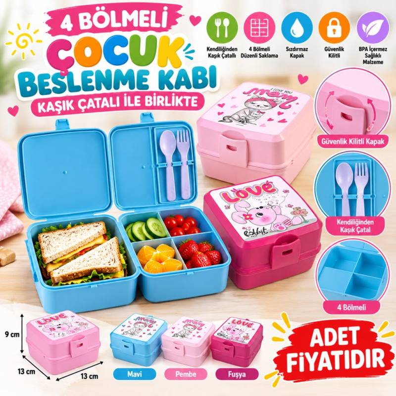 Kendiliğinden Kaşık Çatallı Beslenme Kutusu 4 Bölmeli Çocuk Beslenme Kabı Saklama Kutusu (adet fiyatıdır)