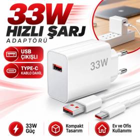33W Hızlı Şarj Adaptörü – Type-C Kablolu, USB Çıkışlı, Akıllı Şarj Destekli Duvar Tipi Şarj Cihazı