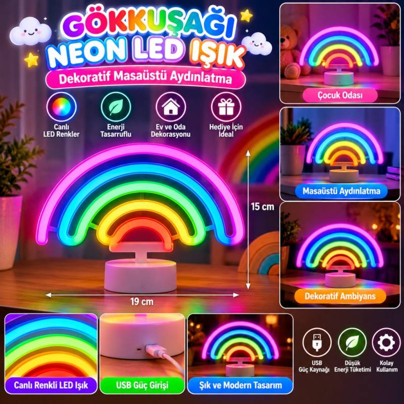 Plastik Gökkuşağı Neon LED Işık – Dekoratif Renkli Masaüstü ve Ambiyans Aydınlatması