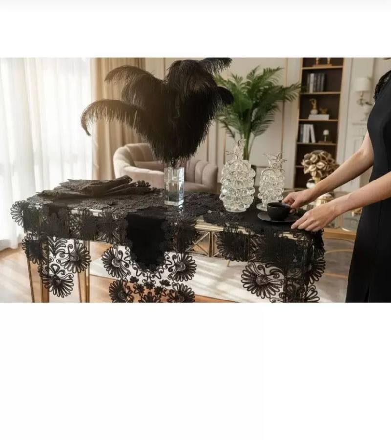 Palmiye Model Siyah 7 Parça Keten Masa Örtüsü Runner Seti Çeyizlik Salon Takımı Şık Tasarım