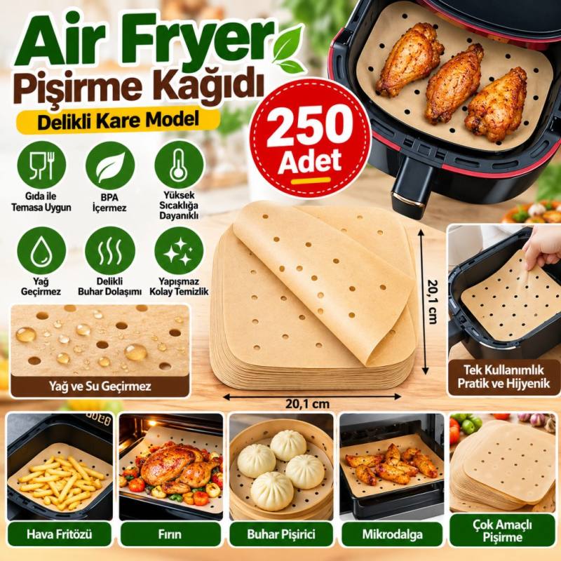 250 Adet Air Fryer Pişirme Kağıdı Tek Kullanımlık Hava Fritöz Yağ Geçirmez Yapışmaz Gıda Pişirme Kağıdı Delikli Kare Model