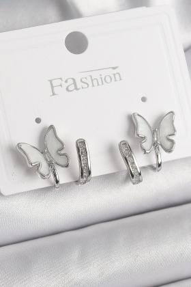Pirinç Gümüş Renk Zirkon Taş Detaylı Beyaz Sedefli Kelebek Model Kadın Küpe