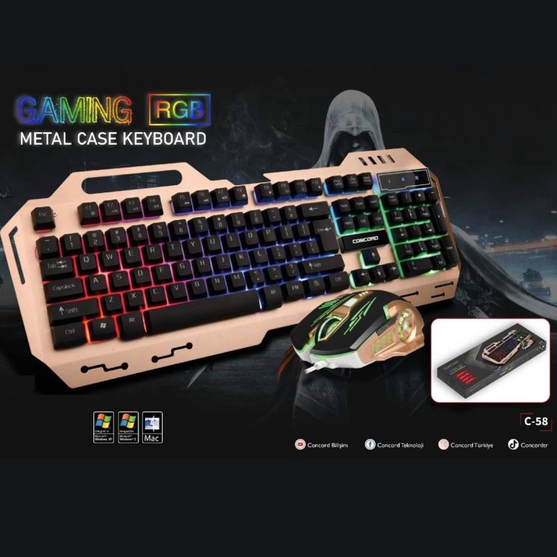 Aydınlatmalı Metal Kasa Q Gaming RGB Mouse Klavye Set C-58