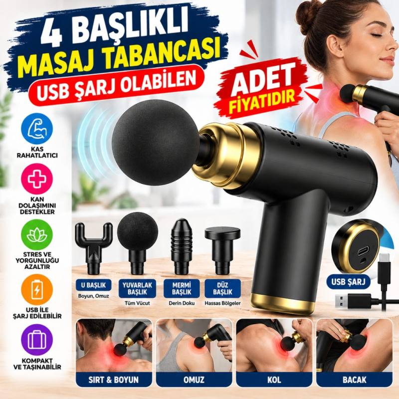 4 Başlıklı USB Şarj Olabilen Masaj Tabancası (adet fiyatıdır)